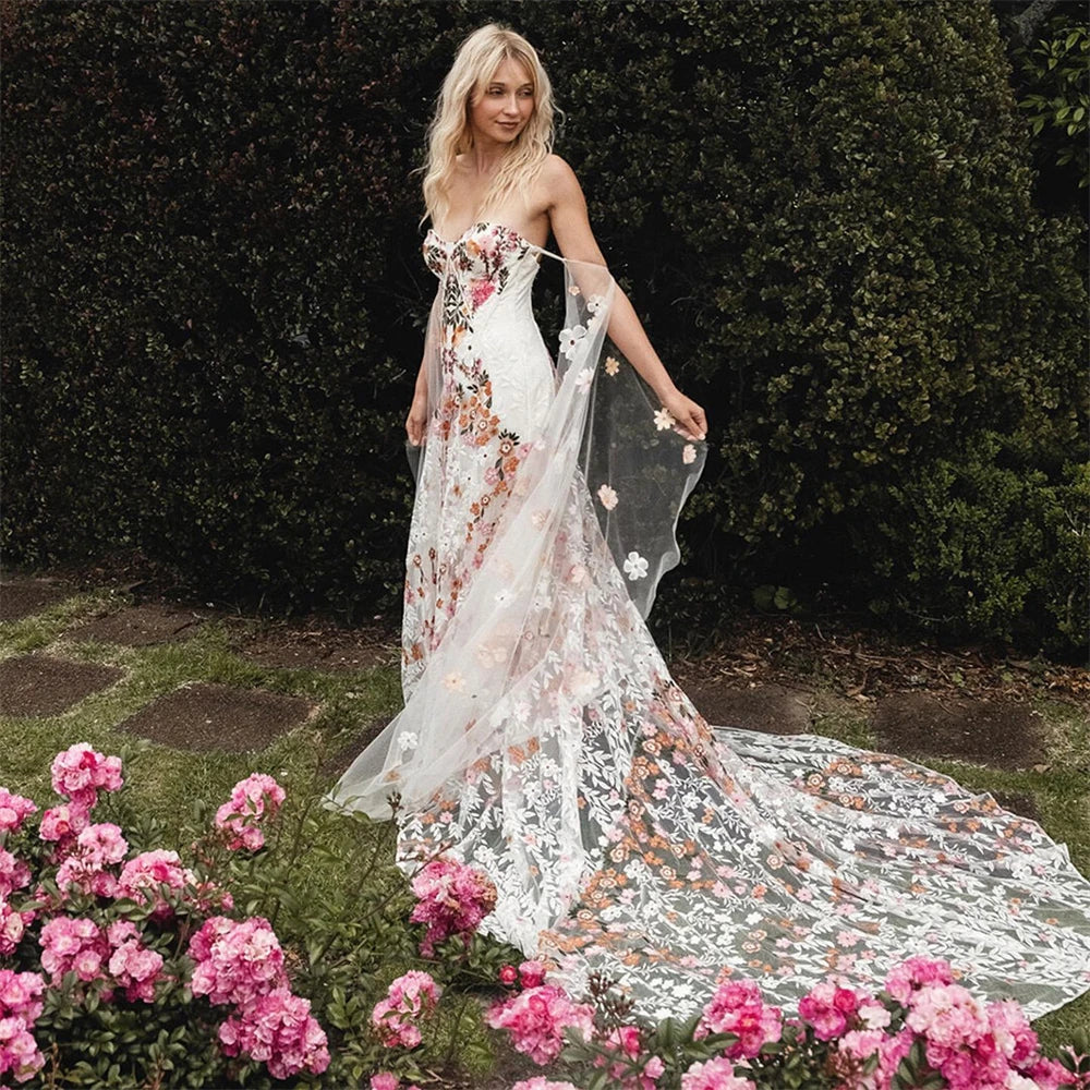 Boho Wedding Dress Flowers Embroidery Lace Bridal Gown – Tulle Lux Bridal  Company