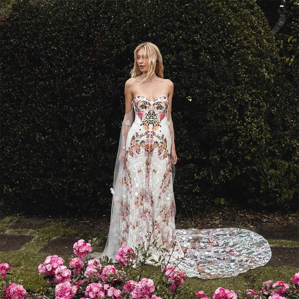 Boho Wedding Dress Flowers Embroidery Lace Bridal Gown Strapeless / 6 Boho Wedding Dress Flowers Embroidery Lace Bridal Gown Strapeless / 6
