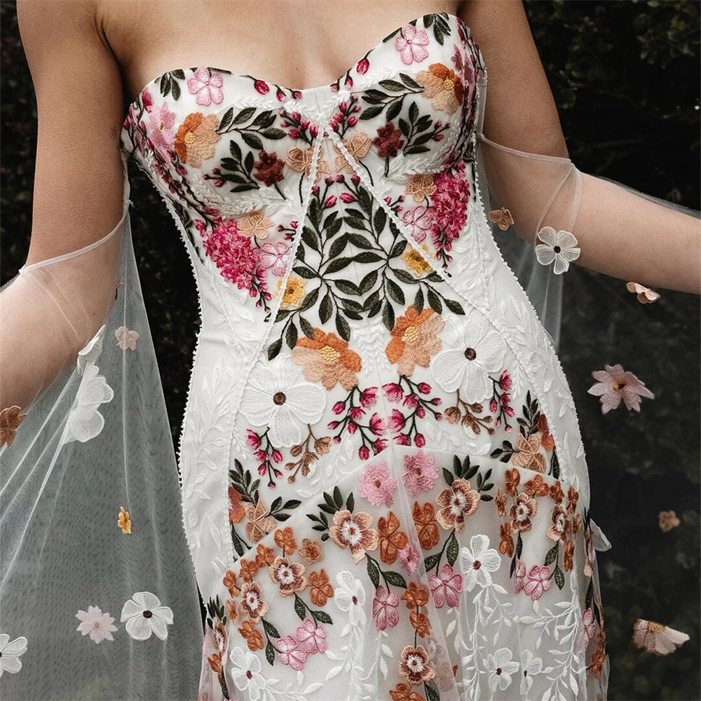Boho Wedding Dress Flowers Embroidery Lace Bridal Gown – Tulle Lux Bridal  Company