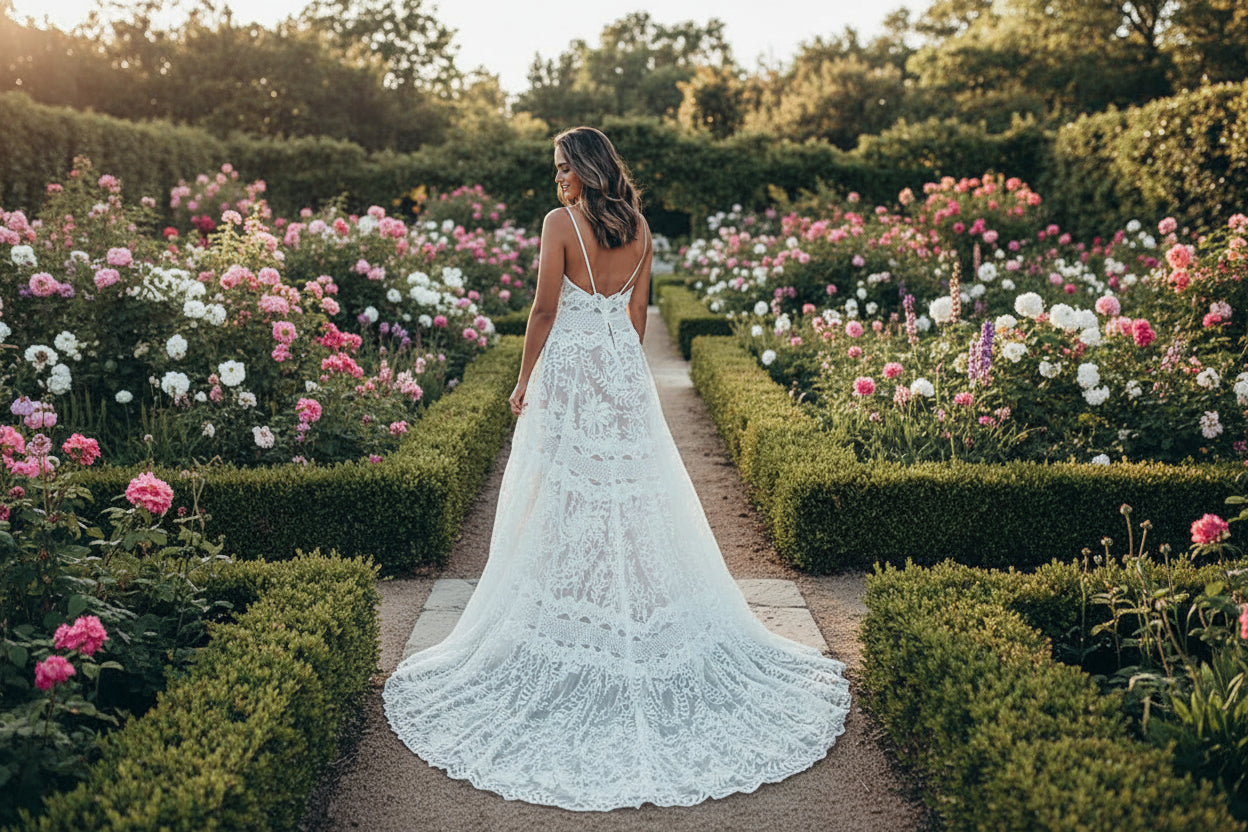 boho wedding dress sleeveless Beach Open Back A-Line Lace Bridal Gown The intricate appliqued embellishments