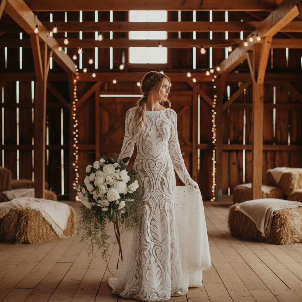 Lace Bateau Long Sleeves Boho Backless Plus Size Wedding Dress Brown Lining Tan Color / 14