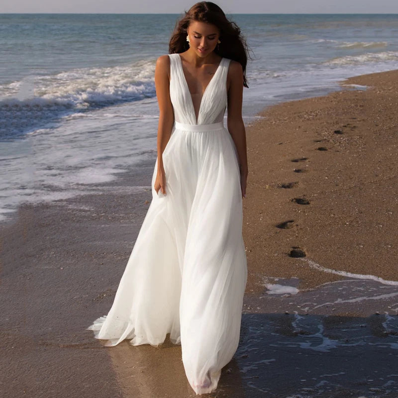 Boho Wedding Dress Deep V Sleeveless Beach Tulle Gown White / 8