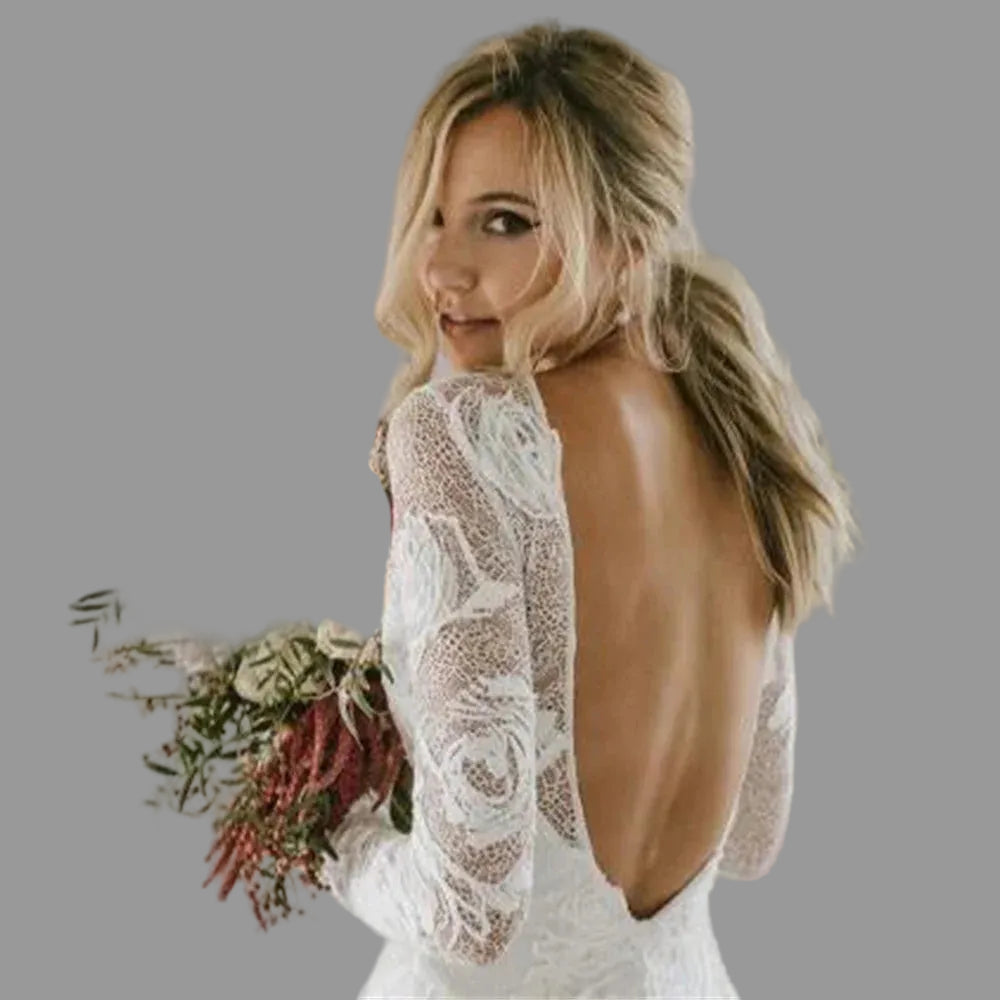 long sleeve backless mermaid wedding dress 2022 Elegant Backless mermaid wedding gown with Square Long Sleeves, Satin Fabric, U-Shape Backless Design