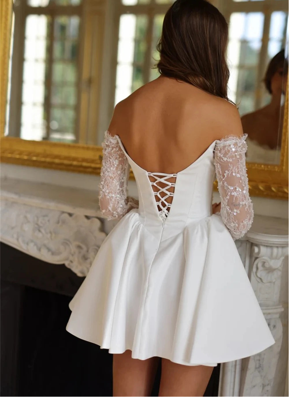 Mini Wedding Dress Short A Line Lace Up Ivory / 16W