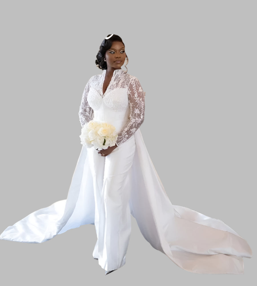 Wedding Jumpsuit With Bridal Detachable Train Ivory / 12