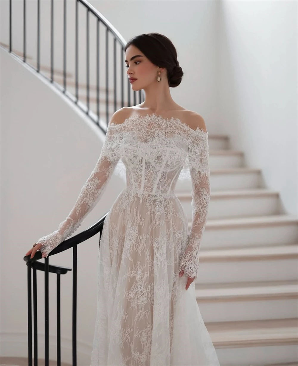 Lace Boho Wedding Gown Long Sleeves A-Line Court Train Brida – Tulle Lux  Bridal Company