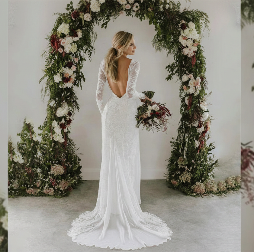 long sleeve backless mermaid wedding dress White Long Sleeve Lace Round Neck Backless Mermaid Wedding Dresses, MW242