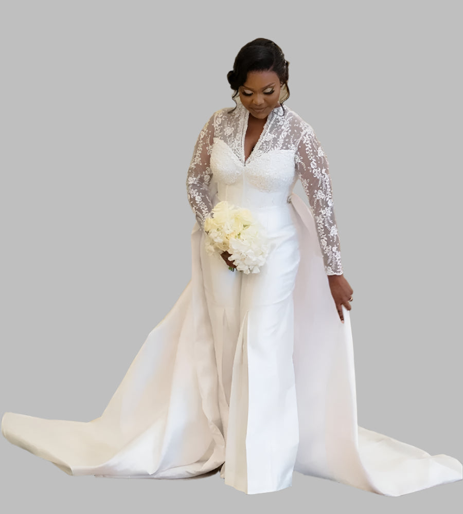 long sleeve jumpsuit wedding dress Plus Size V Neck Lace Wedding Jumpsuit with Overskirt Train for Brides