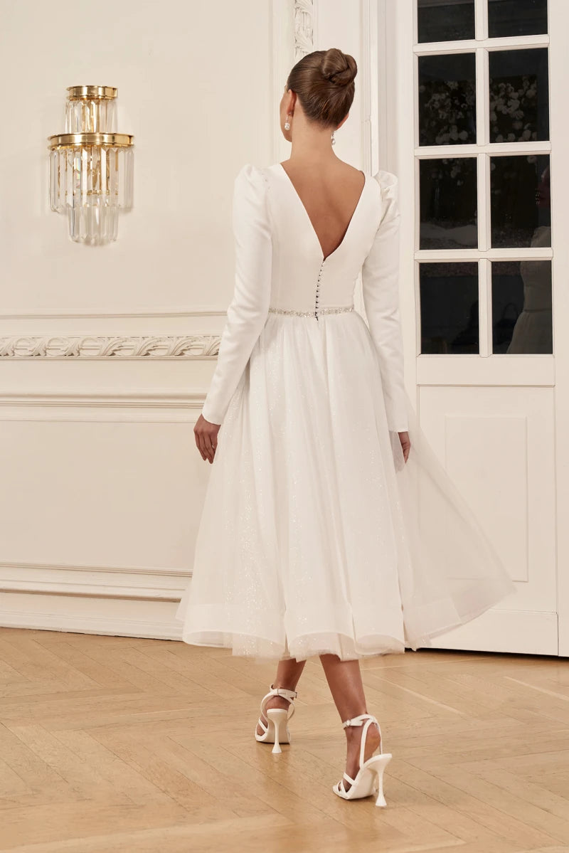 boho tea length wedding dress A-Line Ankle Lace Tulle Little White Dress COCOMELODY CW3396, 20 Days / Ivory / US14-UK16-EUR44 lace trim skirt Tea Length Boho Wedding Dress