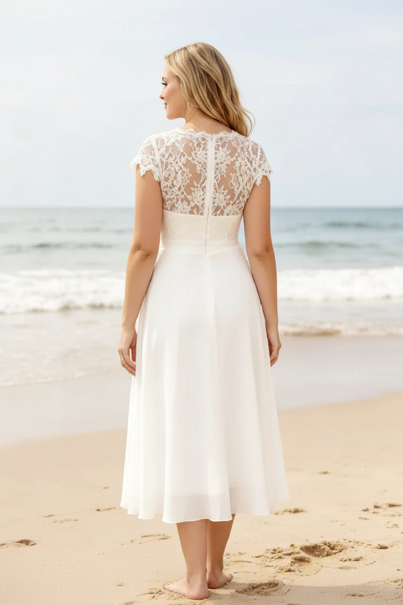 plus size white beach wedding dress Midi Chiffon Boho Civil Elopement Bridal Gown Ivory / 14 Sultan Dress Custom Deema | Black Jersey Color:Light Blue Silver White Stretch
