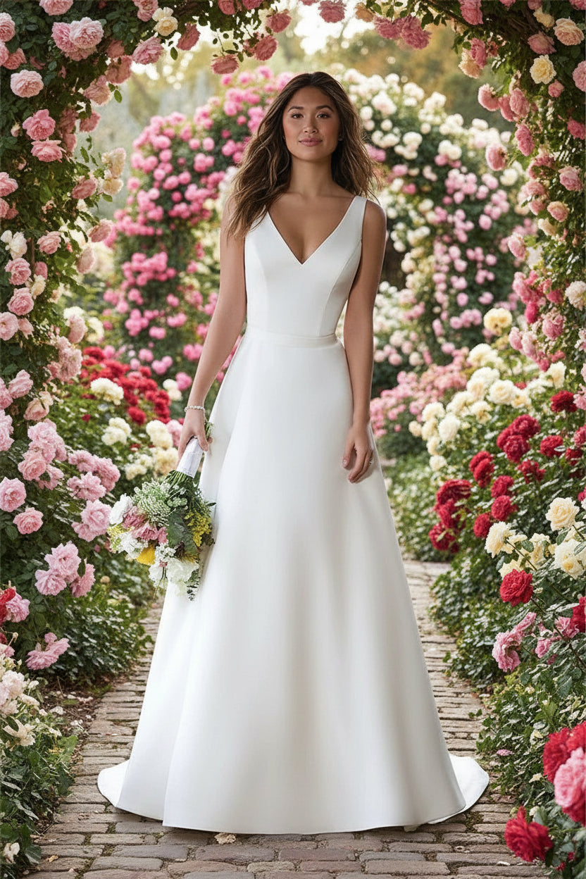satin boho wedding dress A-Line V-Neck Simple Bridal Gown White / 20W COLOUR:PURPLE sculpted look Size:5-6 Your bridal party, your