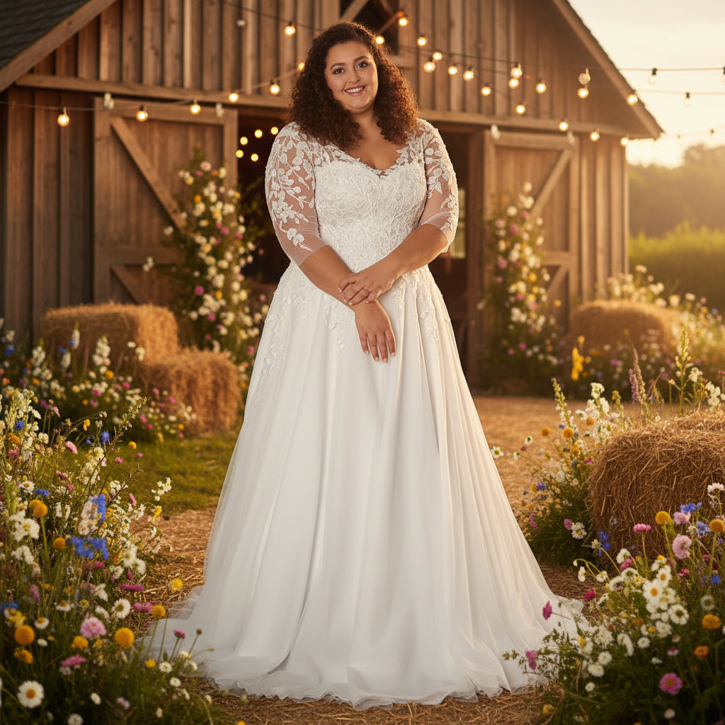 plus size a line lace wedding dress LaceThree Quarter Sleeve A-Line Bride Gown Ivory / 16W women dress for summers Dimension:35L x 17.5 W x 51 H Inches making it the perfect Azazie Paige Rose Gold
