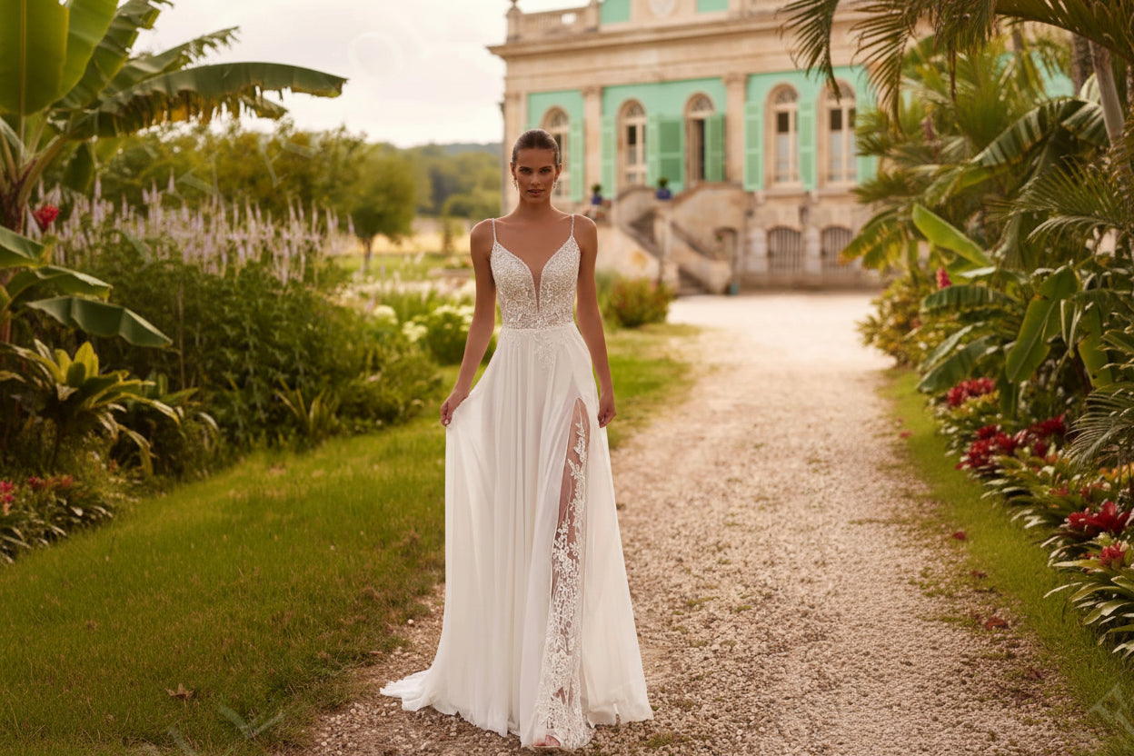 Boho Wedding Dress Spaghetti Straps Lace High Slit A Line  Tulle Lux Bridal  Company