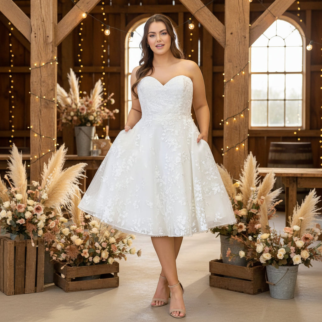 plus size tea length wedding dresses A Line V Neck 3/4 Long Sleeves Lace Dress New Arrival Bridal Gown Appliques/Draping/Lace 50s Inspired Tea Length Wedding