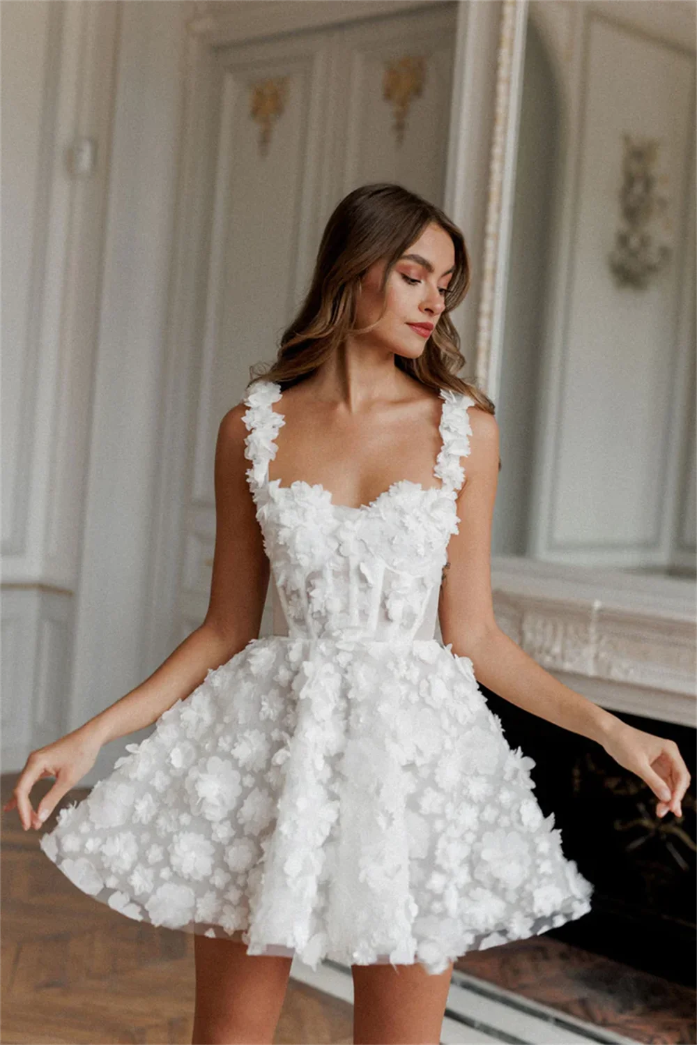 mini white bridal dresses Lace Embellished White Mini Wedding Dress Alisa With Square Neck