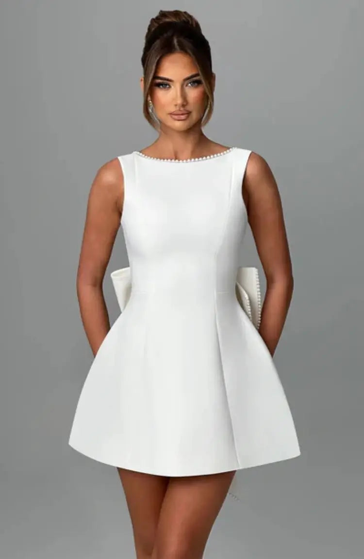 short white dress with pearls Mini Wedding Dress Pearl Backless Short Back Bow – Tulle Lux Bridal Company