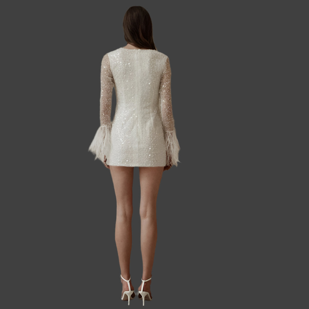 sequin mini wedding dress Mini Wedding Dress Long Sleeves Sequin Short Ivory / 8
