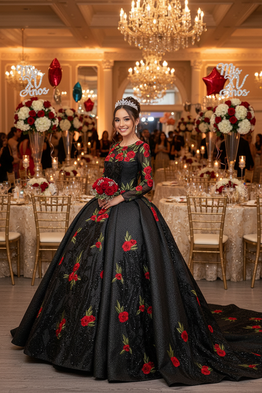 Quinceanera Dress Red Rose Black Ball Gown Same As Photo / 6