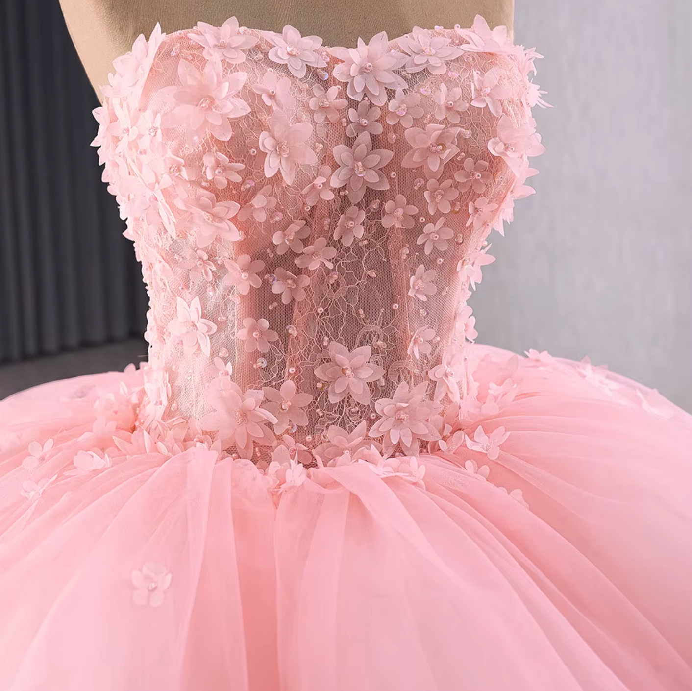 strapless open back dress Quinceanera Dress Pink Ruffled Beaded Ball Gown – Tulle Lux Bridal Company