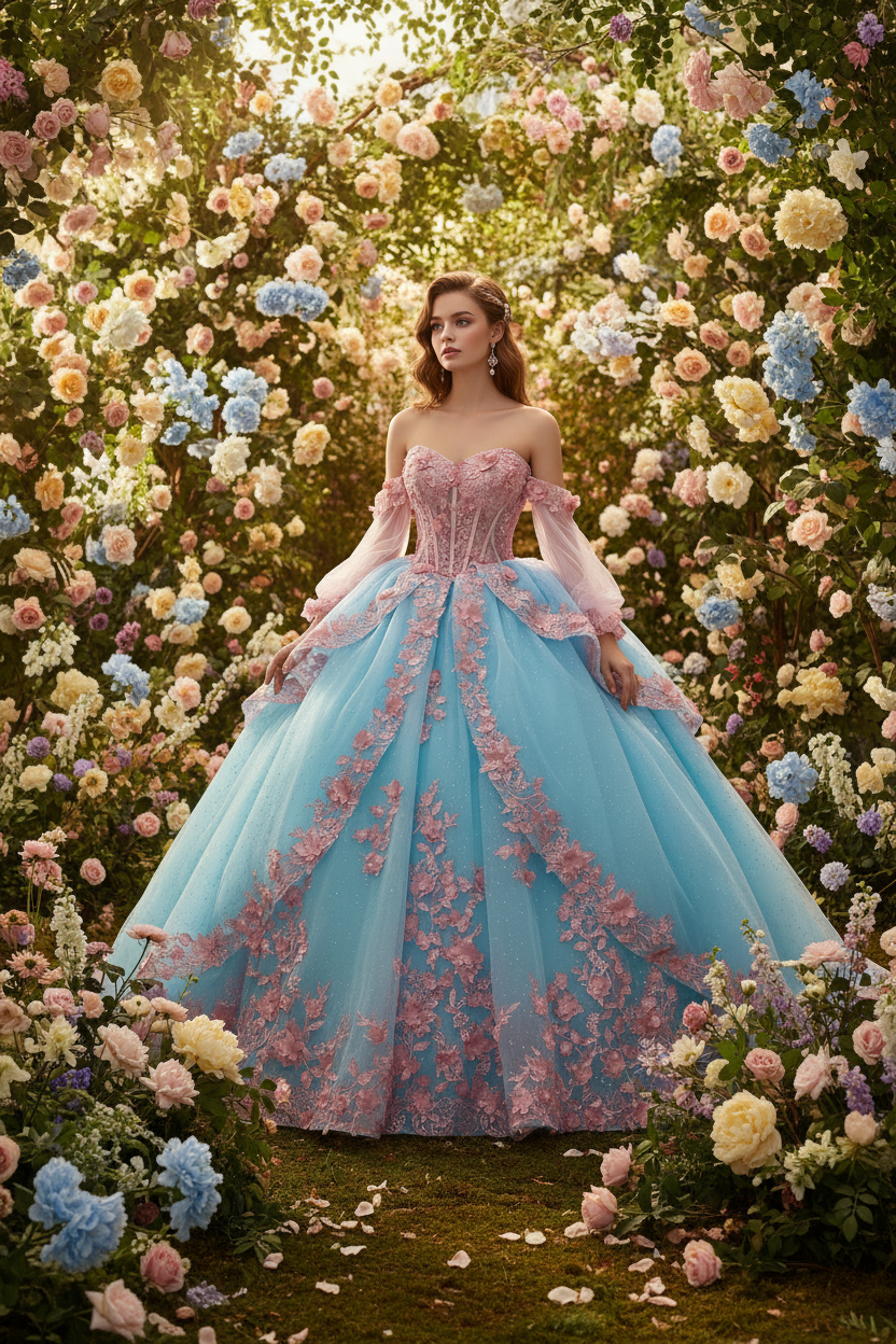 Quinceanera Dress Blue Pink Organza Lace Up Back Ball Gown Same As Photo / 4