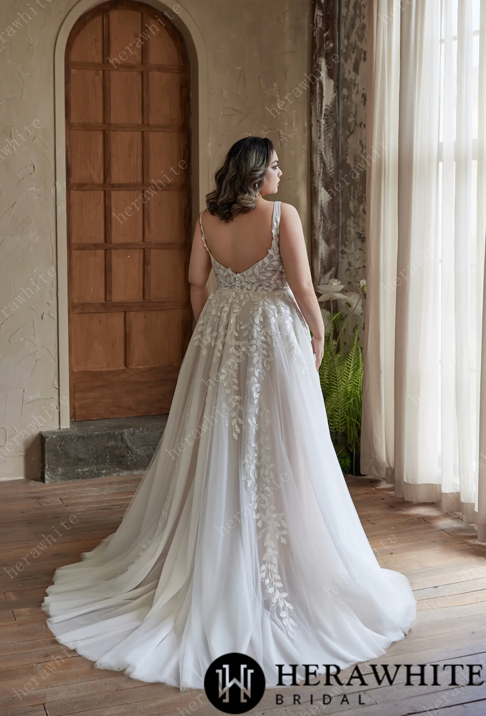 Plus Size Wedding Dress Tulle with Leaf Lace 8 / Ivory