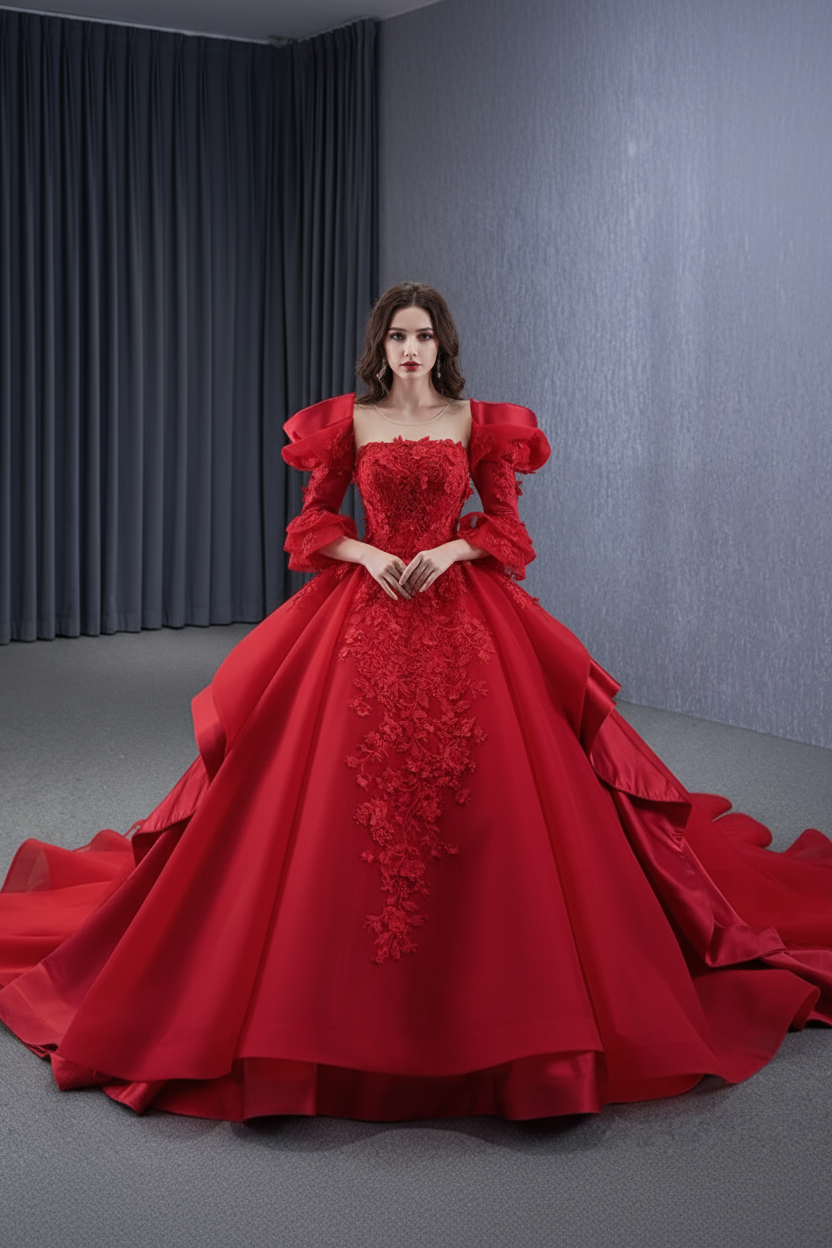 red long sleeve wedding dress Quinceanera Dress Red O-Neck Long Sleeves Backless Illusion – Tulle Lux  Bridal Company