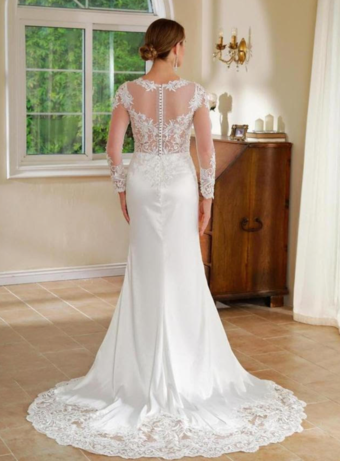 illusion lace maxi dress Illusion Lace Long Sleeve Slender Bridal Wedding Gown 6 / Same As Photo