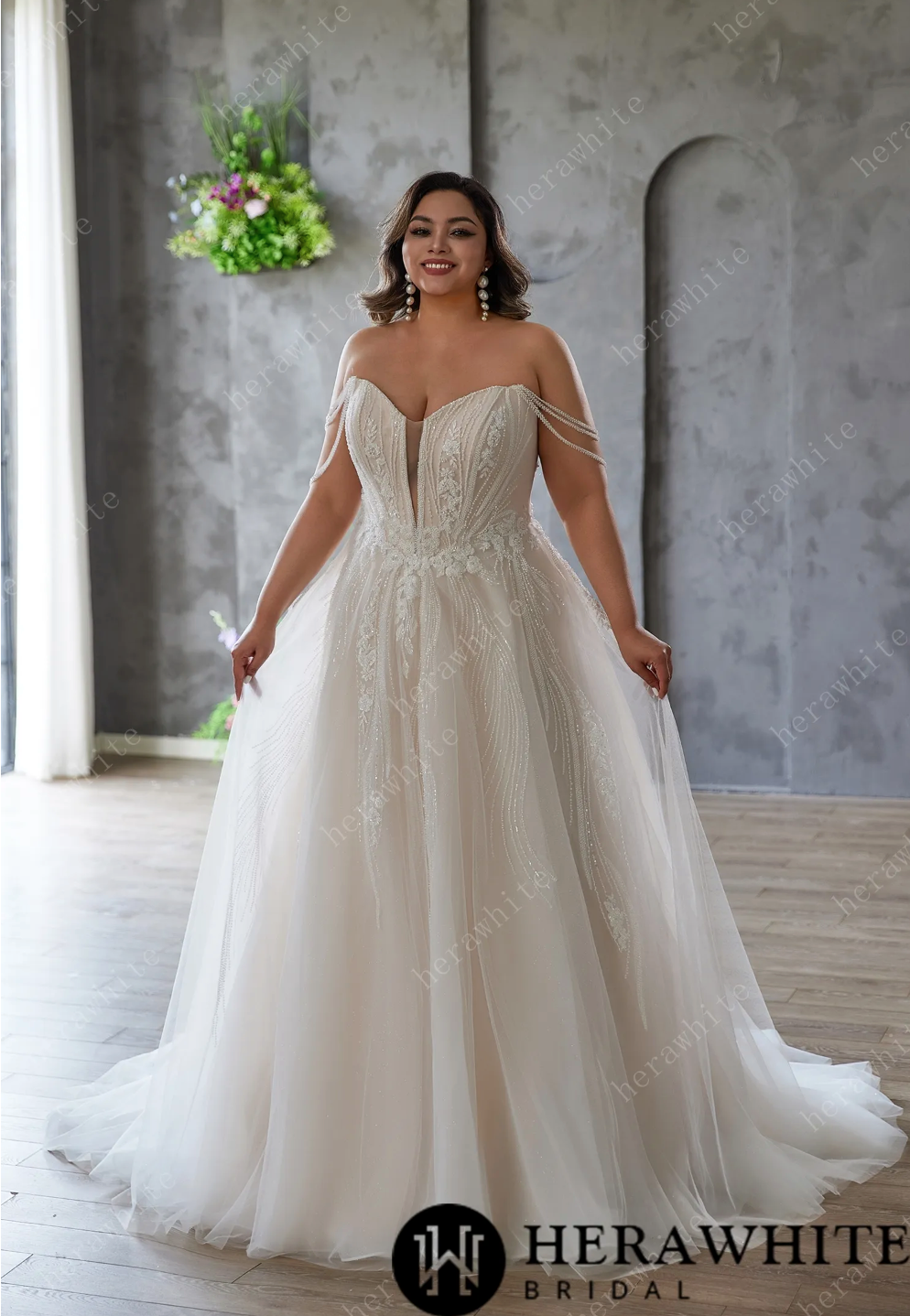 Plus Size Wedding Dress Off-Shoulder Tulle Gown Embroidery 10 / Ivory