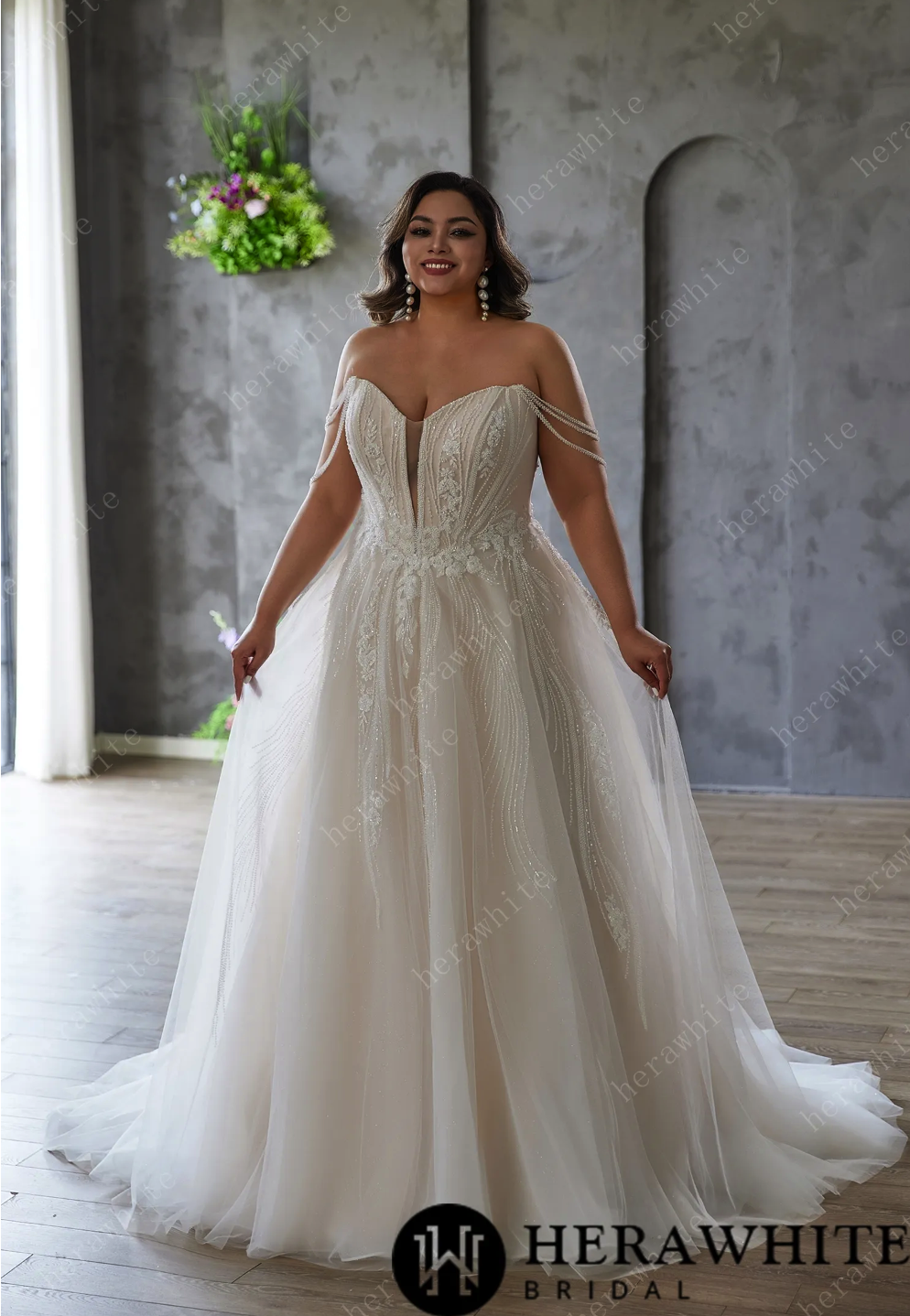 Plus Size Wedding Dress Off-Shoulder Tulle Gown Embroidery 10 / Ivory
