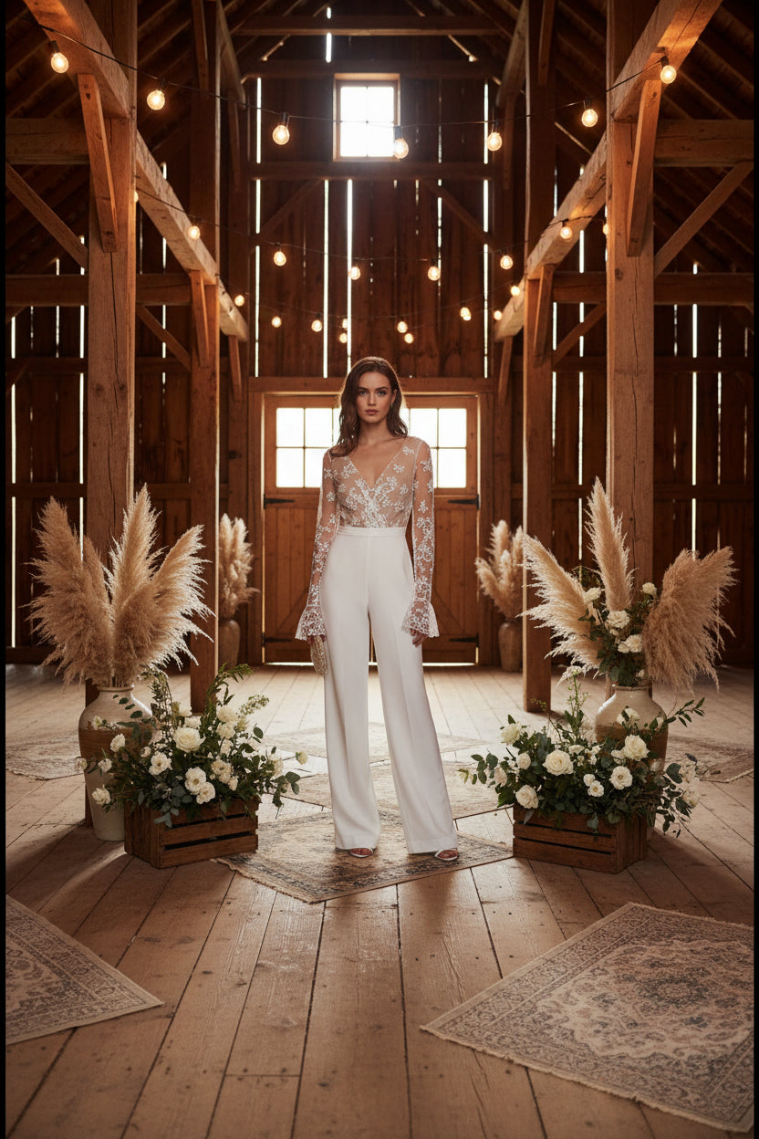 boho beach wedding dress Jumpsuit Long Sleeve Bridal Suit – Tulle Lux Bridal Company Court train