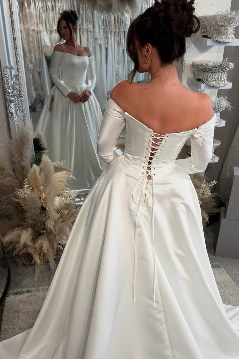 A-line Off the Shoulder Lace up Satin Wedding Dress White / 8
