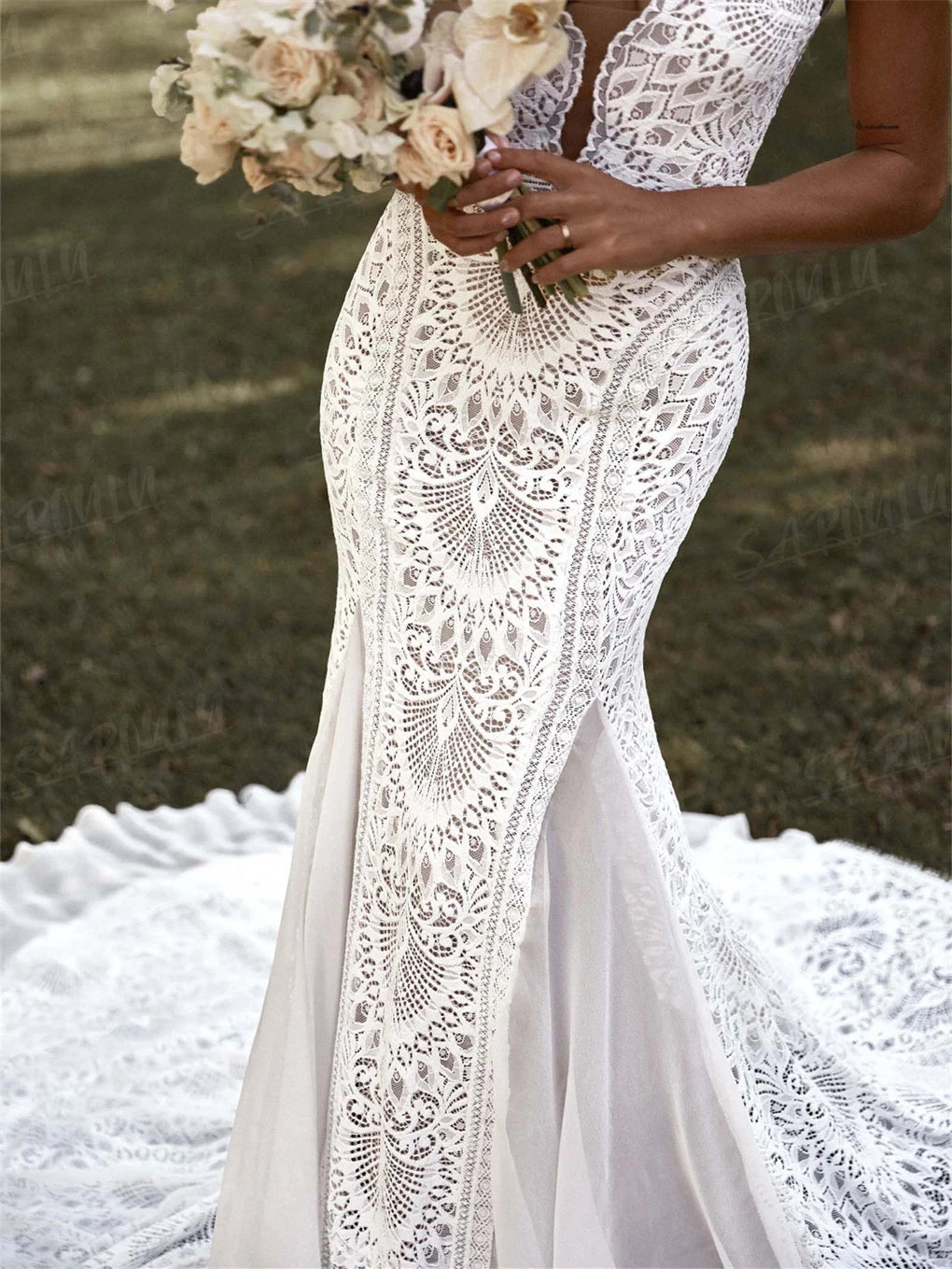 Sheath Bohemian Wedding Dress Long Deep V Neck Lace Bridal White / 20W
