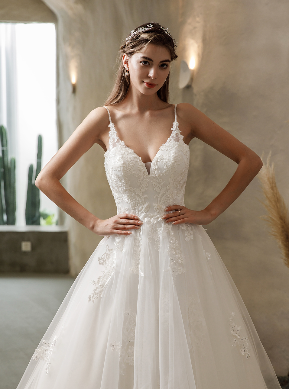 Wedding Dress Satin Bridal Gown with Lace Tiered Tulle Skirt 16 / Ivory/ Pink