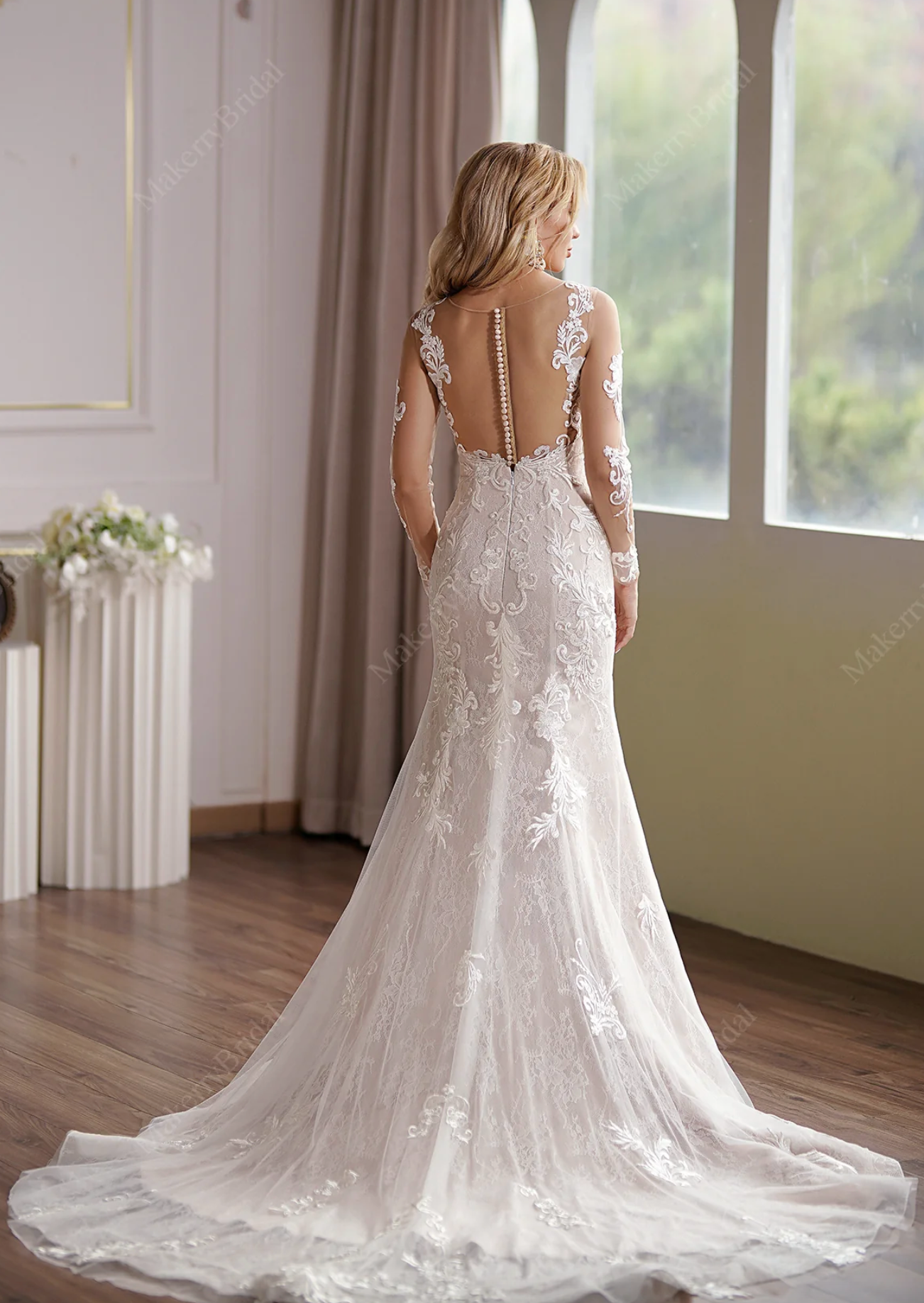 long sleeve illusion back wedding dress Long Sleeve Lace Appliques Bridal Dress With Illusion Back MakerryBridal