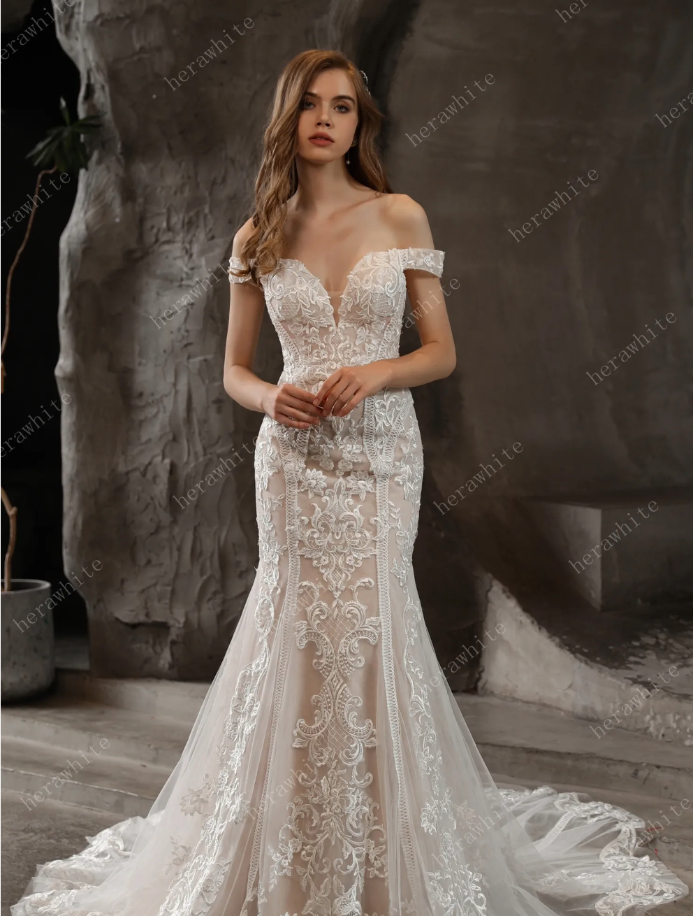 white christmas dresses Champagne Wedding Dresses with Detachable Train V Neck – LiveTrendsX main image 0