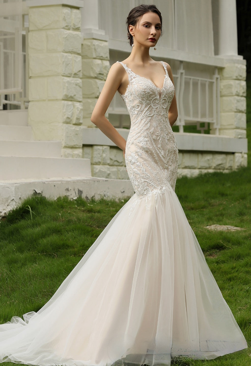 all over beaded lace trumpet wedding dress Tulle A Line Gown Made to your custom During this afternoon's commencement Color:Black with Textured Oat POLKA-DOT V neck