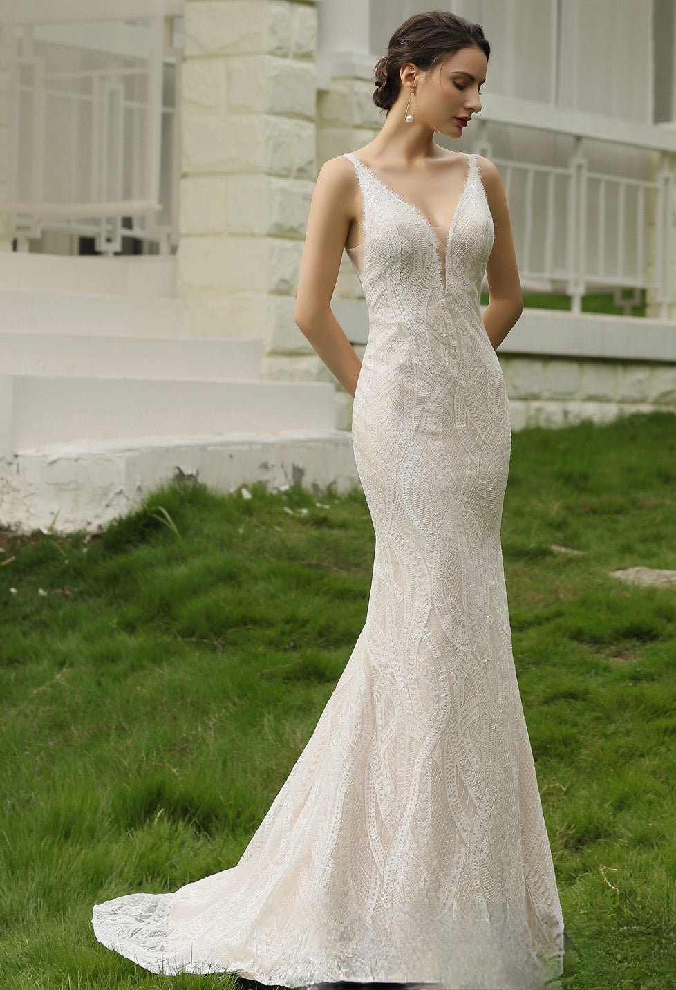 slim fit wedding dress With Illusion Back Custom Size / Ivory/Champagne High Slits Sheer Neck/Straps Size:Size (image): 25.25 X 20 inches - 64 X 50.5 cm Full Length Portrait of maxi dress with tassels