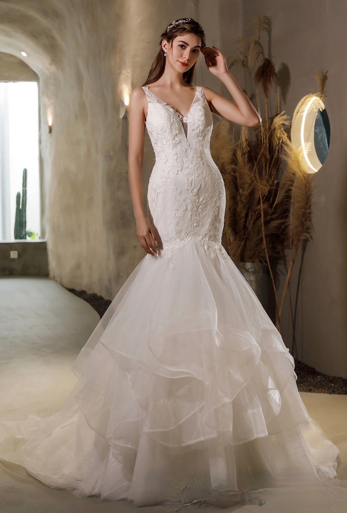 Wedding Dress Beaded Lace Mermaid Tulle Bridal Gown 4 / Ivory/Pink