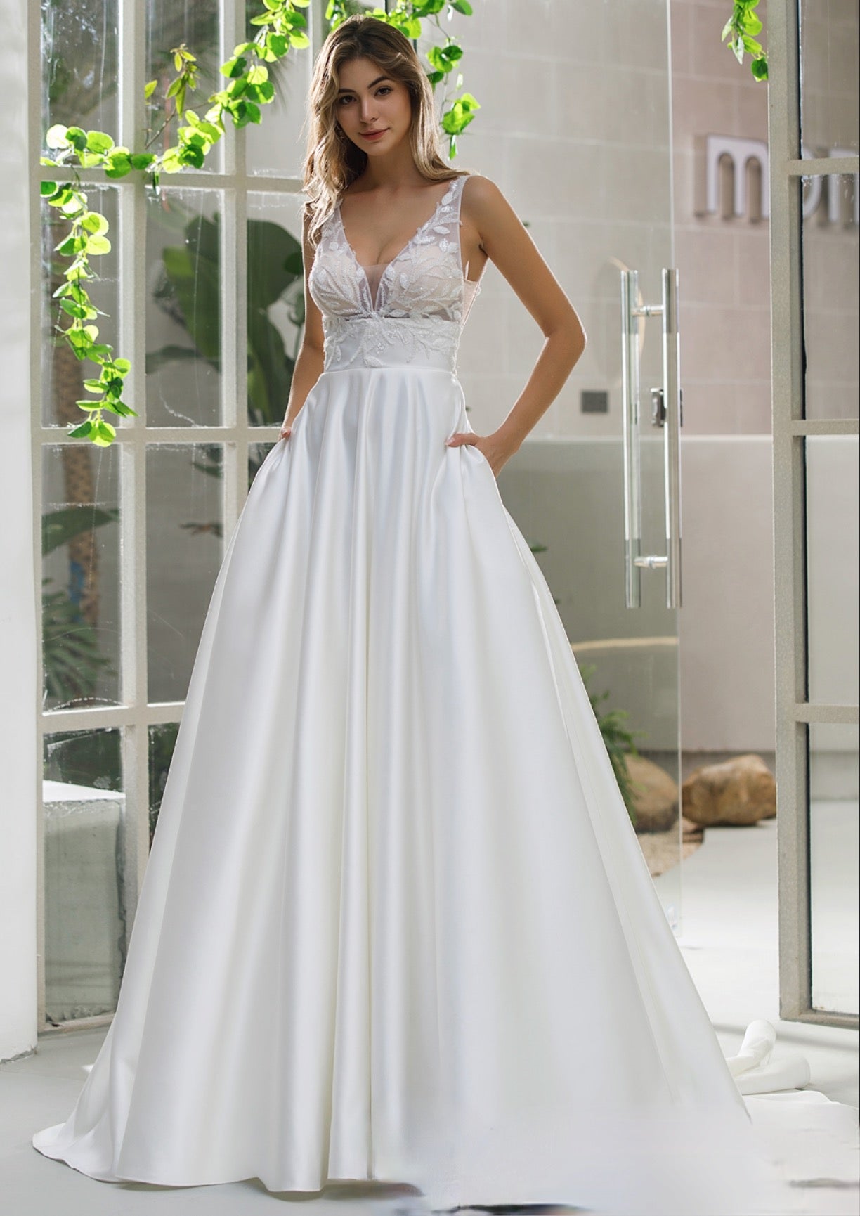 a line wedding dress with pockets Satin Beaded Bridal Gown 4 / Ivory hem satin with minimalist Color:Satin Rust Grey Tulle A-line Sweetheart knitwear