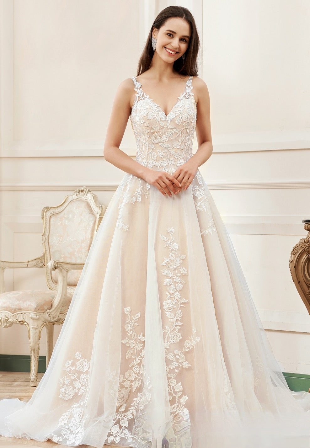 Wedding Dress A Line Floral Details With Illusion Straps 14 / Ivory/ Pink