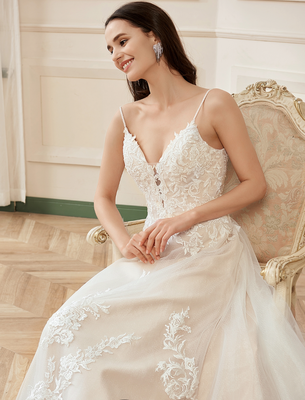 Wedding Dress Blush V-Neck Flower Lace A-Line Bridal Gown 14 / Ivory Wedding Dress Blush V-Neck Flower Lace A-Line Bridal Gown 14 / Ivory