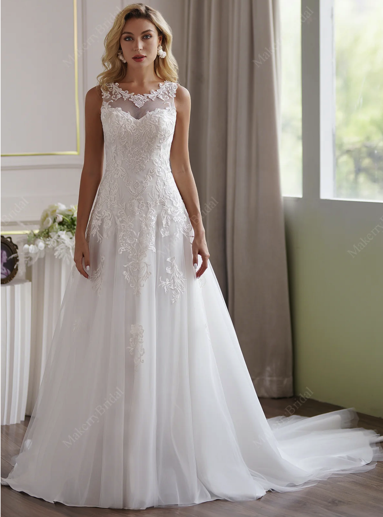 Wedding Dress Tulle A-Line Wedding Dress Illusion Neckline Ivory / 6