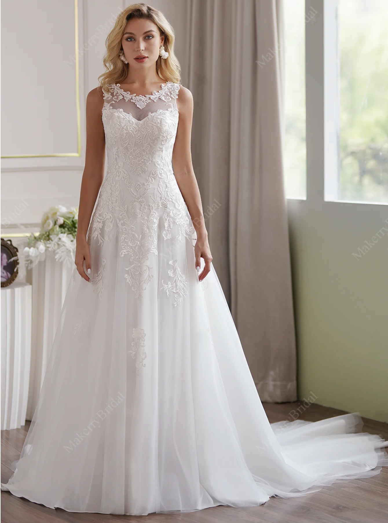 Wedding Dress Tulle A-Line Wedding Dress Illusion Neckline Ivory / 6