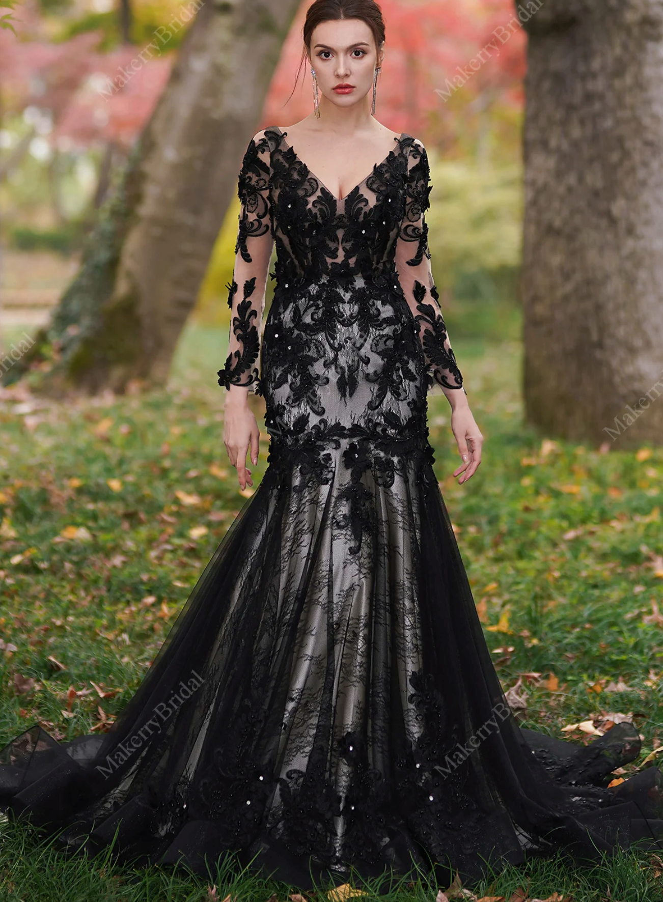 black sexy wedding dress Gothic Lace with Bell Sleeves V Neck Sleeves Gothic Black Wedding Dresses Tulle