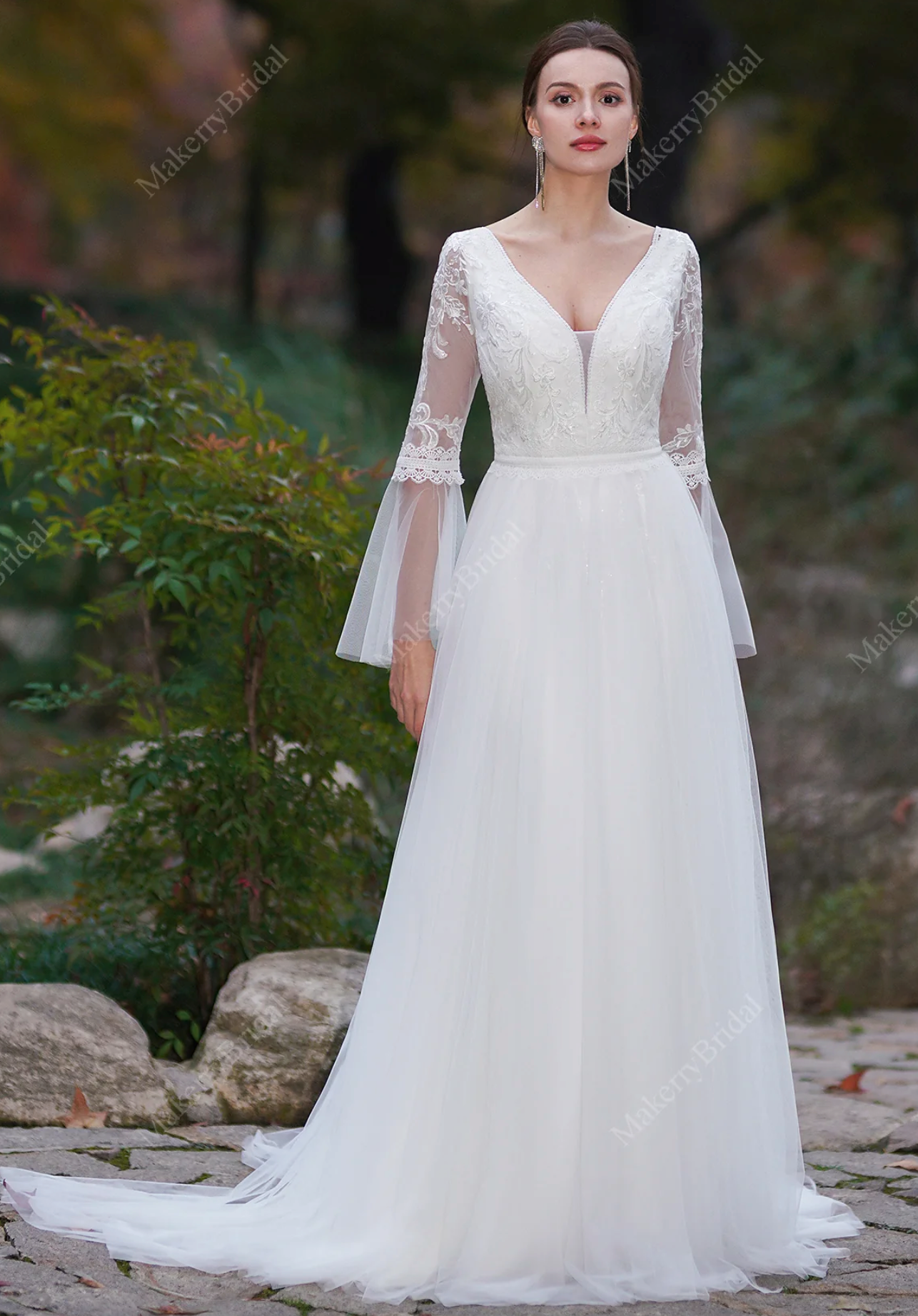 a line wedding dress with bell sleeves A-Line Boho Bridal Gown Long Ivory / 12 color:White embroidery blank White Knit Dress Long Beautiful lace details.