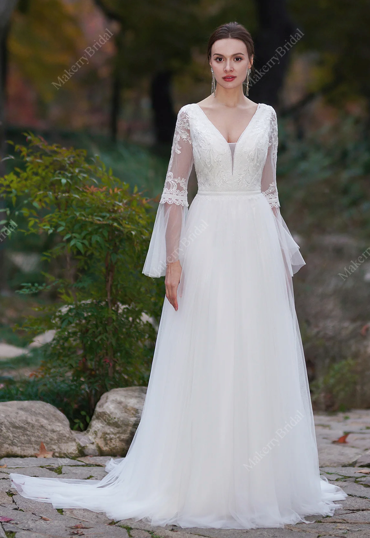 Wedding Dress A-Line Boho Bridal Gown With Long Bell Sleeves Ivory / 12