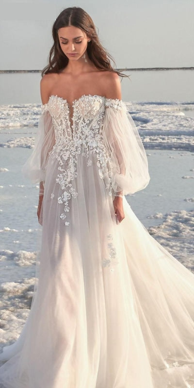 off shoulder puff sleeve wedding dress Ethereal Wedding Dress with Off-the-Shoulder Poof Sleeves