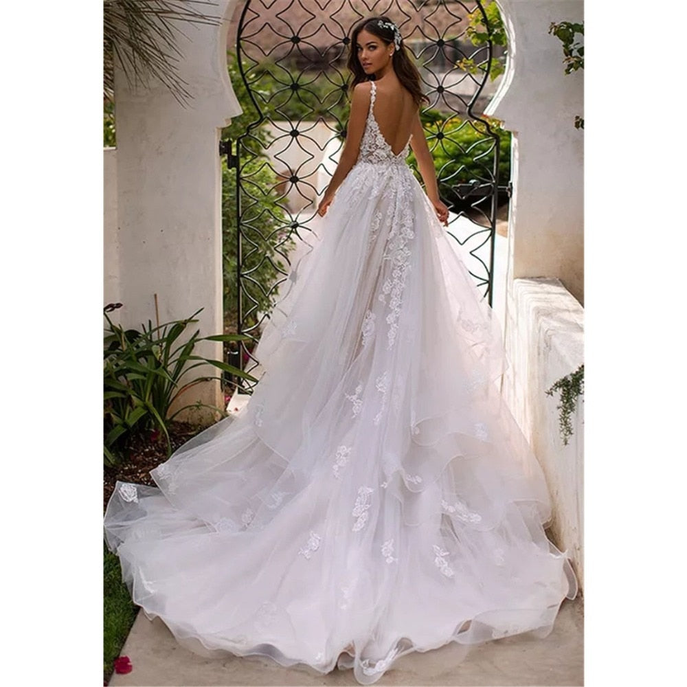 princess beach wedding dresses A-Line/Princess Beach Wedding Dress V Neck Sleeveless with Appliques, Champagne