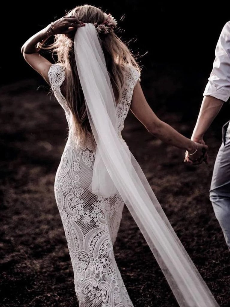 boho wedding dress with veil Deep V-Neck Lace Sheath Bridal Gown Ivory / 4 Alex Evenings Petite Rosette Evening Prom Dress with a secure comb Color:True Blue