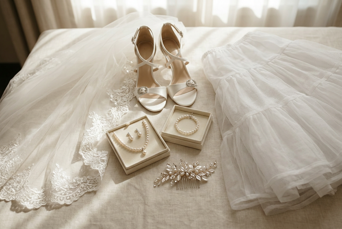 Bride's wedding dress accessories including ivory bridal shoes, pearl earrings, a wedding veil, and a satin getting-ready robe.